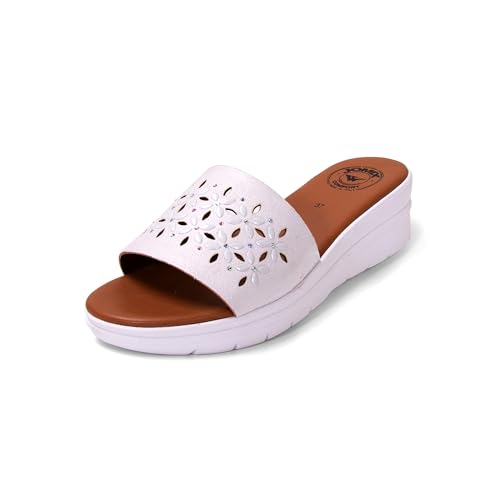 JOMIX Pantoletten Damen Sommer Sandalen mit Absatz Anatomische Fußbett Elegant Plateau Sternchen Schlappen Strand Pantoffeln Slipper (Weiß, 41 EU) von JOMIX