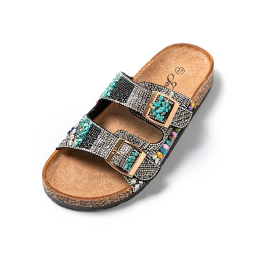 JOMIX Pantoletten Damen Sommer Sandalen mit Kork Fußbett Elegant Flach Hausschuhe Weiche Verstellbaren Riemen Glitzer Kristall Meer Strand Slides (Schwarz, 36 EU) von JOMIX