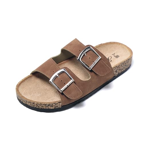 JOMIX Pantoletten Damen Sommer Sandalen mit Kork Fußbett Elegant Flach Hausschuhe Weiche Verstellbaren Schnalle Meer Strand Schlappen (Braun, 40 EU) von JOMIX