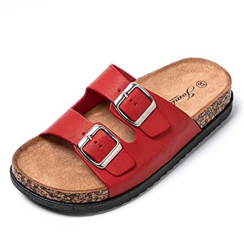 JOMIX Pantoletten Damen Sommer Sandalen mit Kork Fußbett Elegant Flach Hausschuhe Weiche Verstellbaren Schnalle Meer Strand Schlappen (Rot, 36 EU) von JOMIX