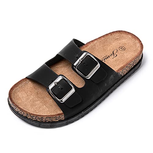 JOMIX Pantoletten Damen Sommer Sandalen mit Kork Fußbett Elegant Flach Hausschuhe Weiche Verstellbaren Schnalle Meer Strand Schlappen (Schwarz, 36 EU) von JOMIX