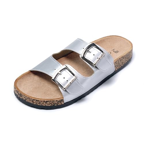 JOMIX Pantoletten Damen Sommer Sandalen mit Kork Fußbett Elegant Flach Hausschuhe Weiche Verstellbaren Schnalle Meer Strand Schlappen (Silber, 41 EU) von JOMIX