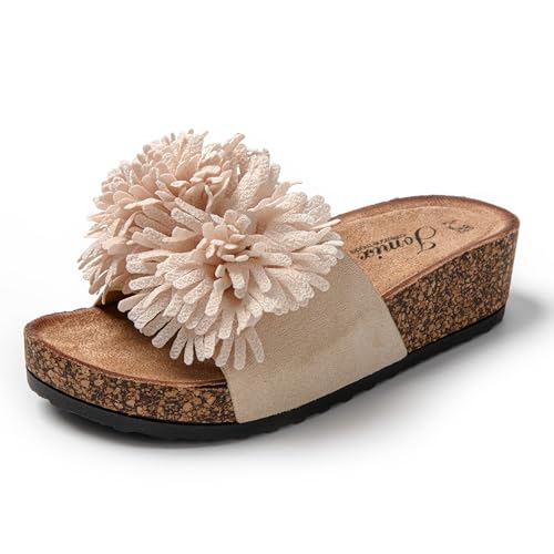 JOMIX Pantoletten Damen Sommer Sandalen mit Kork Fußbett Elegant Flach Strandsandalen Weiche Blumen Wandern Meer Strand Slipper (Beige, 40 EU) von JOMIX