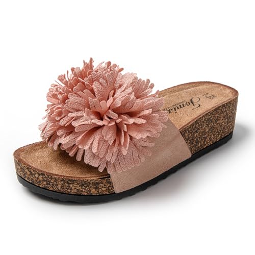 JOMIX Pantoletten Damen Sommer Sandalen mit Kork Fußbett Elegant Flach Strandsandalen Weiche Blumen Wandern Meer Strand Slipper (Rosa, 39 EU) von JOMIX