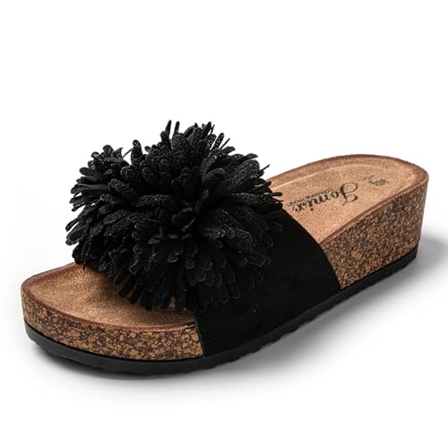 JOMIX Pantoletten Damen Sommer Sandalen mit Kork Fußbett Elegant Flach Strandsandalen Weiche Blumen Wandern Meer Strand Slipper (Schwarz, 39 EU) von JOMIX
