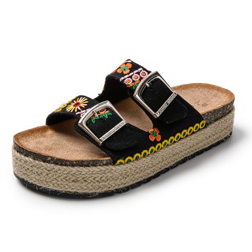 JOMIX Pantoletten Damen Sommer Sandalen mit Kork Fußbett Elegant Plateau Hausschuhe Weiche Verstellbaren Riemen Bequeme Meer Strand Slides (Schwarz, 38 EU) von JOMIX