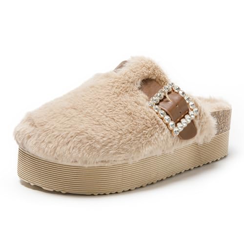 JOMIX Pantoletten Damen Winter Clogs Kunstwildleder Hausschuhe Bequeme Flache Slippers rutschfeste Gartenschuhe mit Verstellbar Schnalle (WCT255087, Camel, 38 EU) von JOMIX