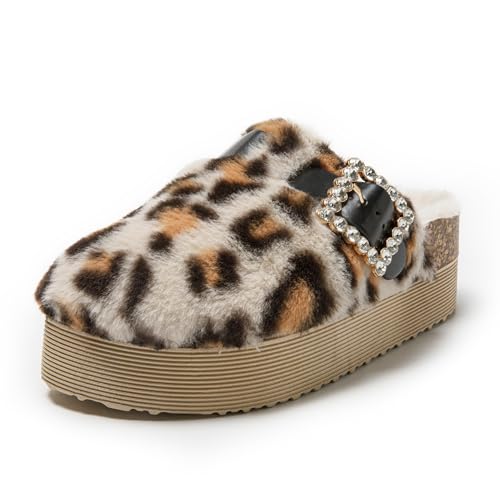 JOMIX Pantoletten Damen Winter Clogs Kunstwildleder Hausschuhe Bequeme Flache Slippers rutschfeste Gartenschuhe mit Verstellbar Schnalle (WCT255087, Leopard, 39 EU) von JOMIX