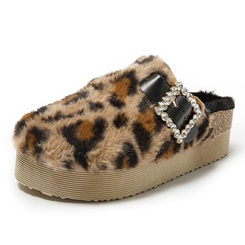 JOMIX Pantoletten Damen Winter Clogs Kunstwildleder Hausschuhe Bequeme Flache Slippers rutschfeste Gartenschuhe mit Verstellbar Schnalle (WCT255087, Leopard Braun, 37 EU) von JOMIX