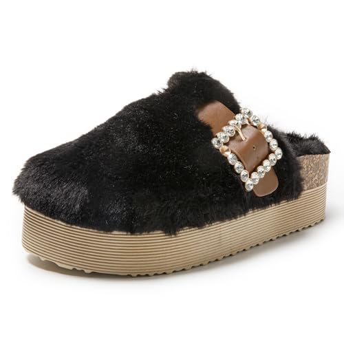 JOMIX Pantoletten Damen Winter Clogs Kunstwildleder Hausschuhe Bequeme Flache Slippers rutschfeste Gartenschuhe mit Verstellbar Schnalle (WCT255087, Schwarz, 41 EU) von JOMIX