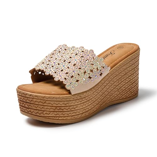 JOMIX Pantoletten Damen mit Absatz Strass Sandaletten Plateau Sommer Frauen Schuhe Keilsandalen Elegant (Beige, 40 EU, SD9102) von JOMIX