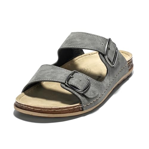 JOMIX Pantoletten Herren Sommer Elegant Hausschuhe mit Verstellbarer Rieme Atmungsaktiv Leichte Leder Sandalen Flache Strand Sommerschuhe Slipper (Dunkelgrau, 45 EU) von JOMIX