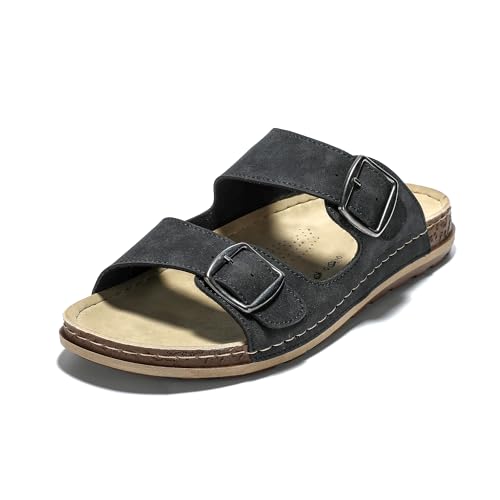 JOMIX Pantoletten Herren Sommer Elegant Hausschuhe mit Verstellbarer Rieme Atmungsaktiv Leichte Leder Sandalen Flache Strand Sommerschuhe Slipper (Schwarz, 40 EU) von JOMIX