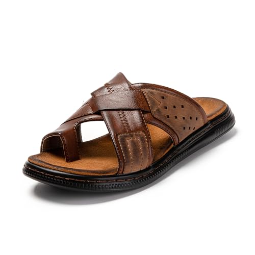 JOMIX Pantoletten Herren Sommer Sandalen mit Kork Fußbett Elegant Flach Flip Flops Weiche Querriemen Zehentrenner Sport Strand Slides (Braun, 42 EU) von JOMIX