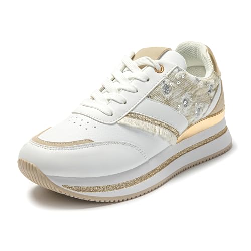 JOMIX Plateau Sneaker Damen Atmungsaktiv Leicht Komfort Laufschuhe Gym Sportschuhe Dämpfung Schnürhalbschuhe(Beige, 37 EU) von JOMIX