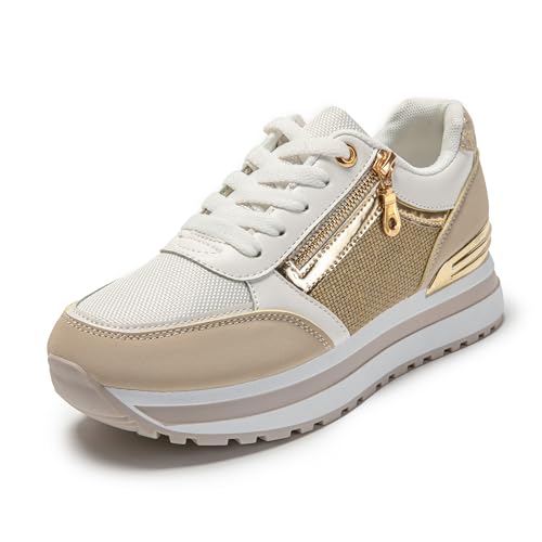 JOMIX Plateau Sneaker Damen Elegant Sportschuhe Komfort Leicht Sneaker Atmungsaktiv Fitness Gym Turnschuhe (Beige, 37 EU) von JOMIX