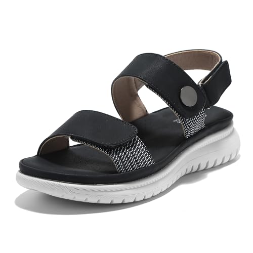 JOMIX Sandalen Damen Elegant Riemchen Sommerschuhe Flache Hausschuhe mit Verstellbaren Gummibändern Bequem Niedrig Sommer Meer Pool Strand Strandsandalen (Schwarz, 39 EU) von JOMIX