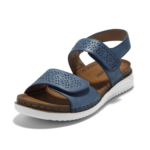 JOMIX Sandalen Damen Elegant Riemchen Sommerschuhe Flache Hausschuhe mit Verstellbaren Klettverschluss Bequem Niedrig Sommer Meer Pool Strand Strandsandalen (Navy, 40 EU) von JOMIX