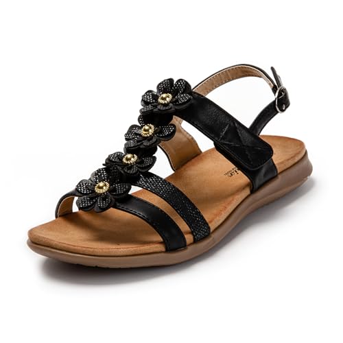 JOMIX Sandalen Damen Elegant Sommerschuhe Flache Blumen Hausschuhe Bequem Niedrig Sommer Meer Pool Strand Strandsandalen (Schwarz, 40 EU) von JOMIX
