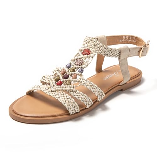 JOMIX Sandalen Damen Elegant Strass Sandaletten mit absatz Leicht Niedrig Strandsandalen Sommer Meer Pool Strand Sommerschuhe (Beige Perlen, 41 EU) von JOMIX