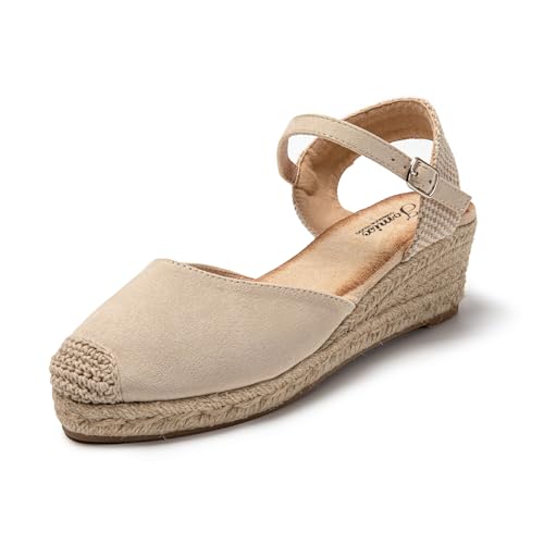 JOMIX Sandalen Damen Espadrilles Plateau Wedges Sandaletten mit Geschlossene Elegant Keilsandalen Leicht Sommer Strandsandalen (Beige, 37 EU) von JOMIX