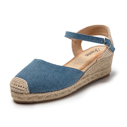 JOMIX Sandalen Damen Espadrilles Plateau Wedges Sandaletten mit Geschlossene Elegant Keilsandalen Leicht Sommer Strandsandalen (Jean Blau, 38 EU) von JOMIX