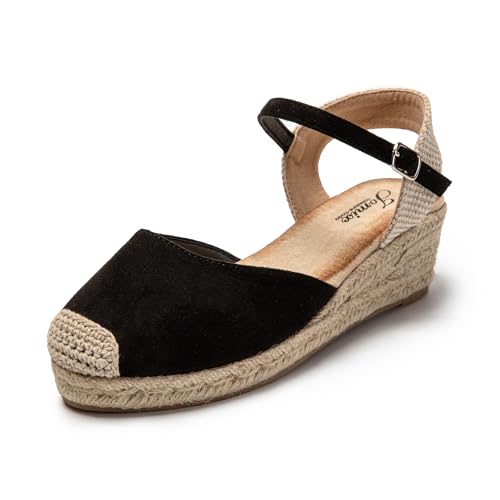 JOMIX Sandalen Damen Espadrilles Plateau Wedges Sandaletten mit Geschlossene Elegant Keilsandalen Leicht Sommer Strandsandalen (Schwarz, 38 EU) von JOMIX