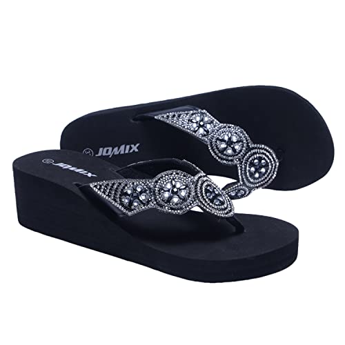 JOMIX Sandalen Damen Glitzer Strass Sandaletten mit Strass Plateau Sommer Frauen Schuhe Keilsandalen Elegant (Schwarz SD2565, 39 EU, SD2565) von JOMIX