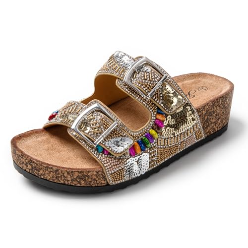JOMIX Sandalen Damen Pantoletten Damen Flach rutschfest Sommer Badelatschen Strandsandalen Freizeit Clogs (Gold, 37 EU, SD9182) von JOMIX