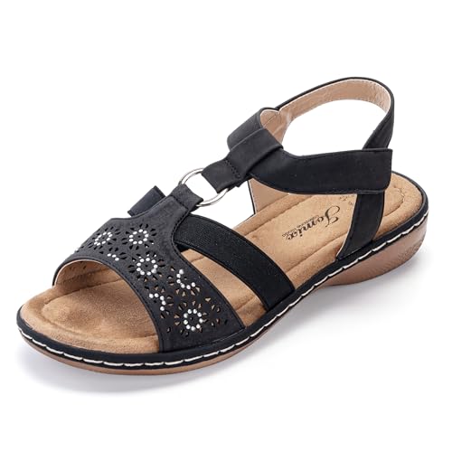 JOMIX Sandalen Damen Sommer Elegant Sandaletten mit Klettverschluss Strandschuhe Böhmen Strand Schuhe Weiche Fußbett Sommerschuhe (Schwarz, 37 EU, WFF250182) von JOMIX