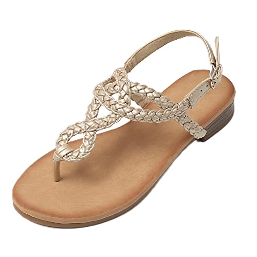 JOMIX Sandalen Damen Sommer Flache Zehentrenner Freizeit Bohemia Flip Flops Elegant Bequeme Strandschuhe mit Riemchen (Gold, 38 EU) von JOMIX