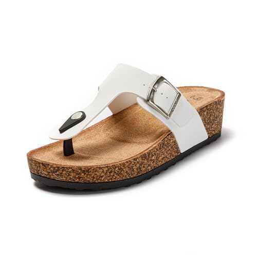 JOMIX Sandalen Damen Sommer Flip Flops Damen Elegant Keilabsatz Sandaletten Zehentrenner Kuntleder Weiche Kork Fußbett (Weiß, 40 EU) von JOMIX