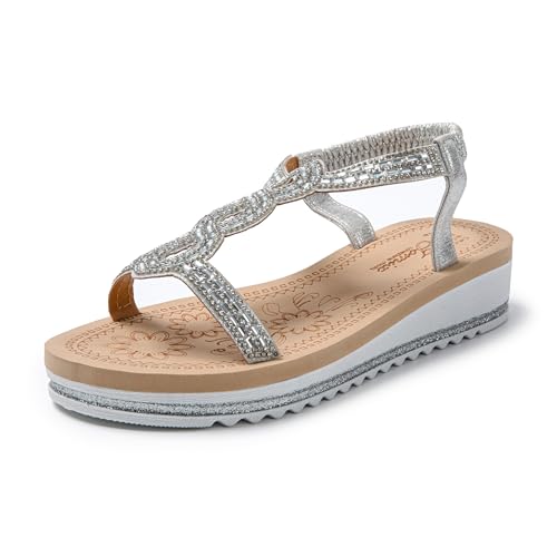 JOMIX Sandalen Damen Sommer Glitter Slipper Elegante Sommerschuhe Bohemian Römersandalen Flache Pantoletten Sandaletten (Silber, 41 EU) von JOMIX