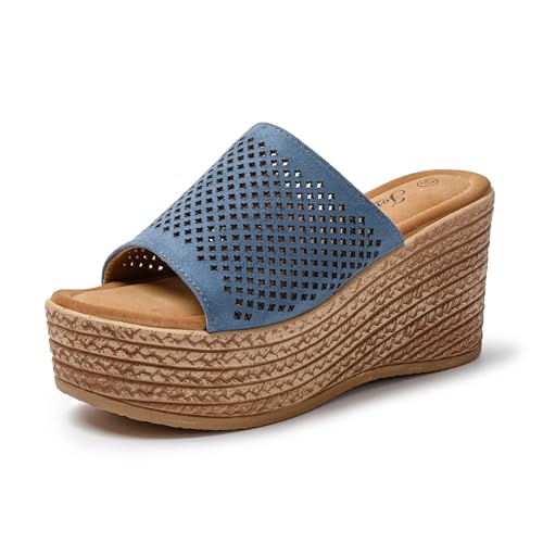 JOMIX Sandalen Damen Sommer Plateau Keilabsatz Schuhe Damen Slipper Elegante Sommerschuhe Bohemian Pantoletten (Blau, 41 EU, SD9097) von JOMIX