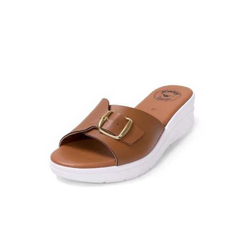 JOMIX Sandalen Damen Weit Sommer Slipper Elegante Sommerschuhe Bohemian Pantoletten Slip on (Braun, 41 EU, TD2010) von JOMIX