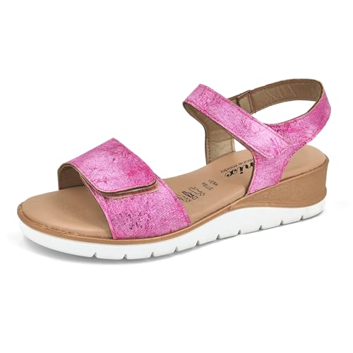 JOMIX Sandalen Damen mit Absatz Elegant Keilsandalen Sommerschuhe Bequem Leder Klettverschluss Strandsandalen Sommer Meer Pool Strand Sandaletten (Fuchsia, 39 EU) von JOMIX