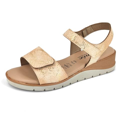 JOMIX Sandalen Damen mit Absatz Elegant Keilsandalen Sommerschuhe Bequem Leder Klettverschluss Strandsandalen Sommer Meer Pool Strand Sandaletten (Gold, 39 EU) von JOMIX