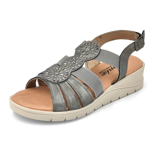 JOMIX Sandalen Damen mit Absatz Elegant Keilsandalen Sommerschuhe Bequem Leder Strandsandalen Verstellbar Schnalle Sommer Meer Pool Strand Sandaletten (Dunkelgrau, 41 EU) von JOMIX