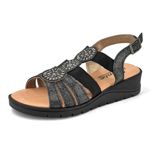 JOMIX Sandalen Damen mit Absatz Elegant Keilsandalen Sommerschuhe Bequem Leder Strandsandalen Verstellbar Schnalle Sommer Meer Pool Strand Sandaletten (Schwarz, 39 EU) von JOMIX