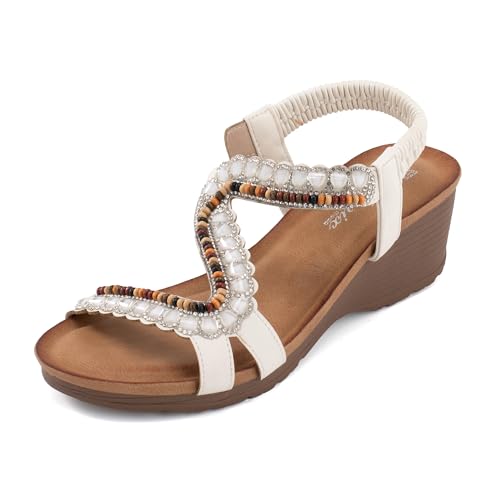 JOMIX Sandalen Damen mit Absatz Sommer Elegant Sandaletten Keilsandalen Kork Fußbett Sommerschuhe Strandschuhe (Weiß, 37 EU, WWS250353) von JOMIX