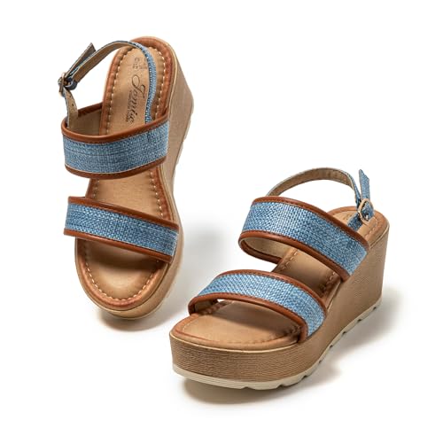 JOMIX Sandalen Damen mit Absatz Sommer Elegant Sandaletten Keilsandalen Verstellbar Schnalle Sommerschuhe Leder Strandschuhe (Blau, 39 EU, WWS250242) von JOMIX