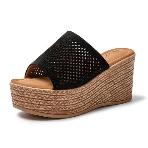 JOMIX Römer Keilabsatz Schuhe Plateau Pantoletten Damen Strandschuhe Mädchen Sommerschuhe Fussbettpantoffel Sandalen & Slides für Damen (Schwarz, 39 EU, SD9097) von JOMIX