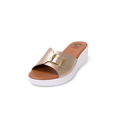 JOMIX Damen Pantoletten mit Fußbett Sandalen Metallschnalle Bequem Sandaletten Sommer Elegant Sommerschuhe Valentinstag (Gold, 37 EU, TD2010) von JOMIX