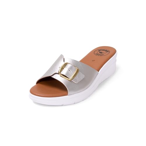 JOMIX Damen Pantoletten rutschfest Sommer Strandsandalen Freizeit Clogs & Pantoletten Boho Schlappen (Silber, 36 EU, TD2010) von JOMIX