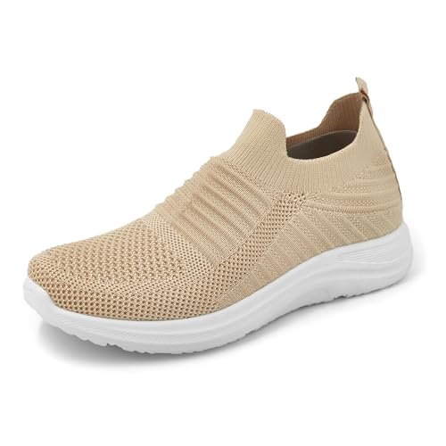 JOMIX Slip On Sneakers Damen Schuhe Ohne Schnürsenkel Leichte Walkingschuhe Atmungsaktive Schlupfschuhe Fitness Sportschuhe Turnschuhe Elegant Freizeitschuhe Laufschuhe (Beige, 37 EU) von JOMIX