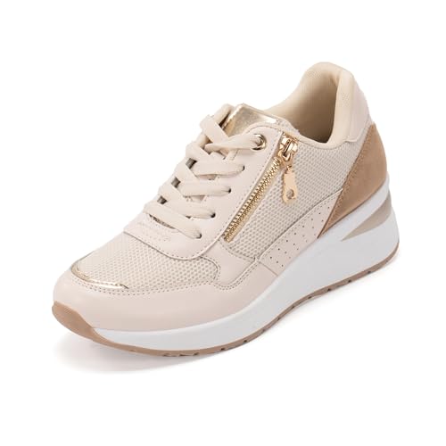 JOMIX Sneaker Damen Sportschuhe Straßen Laufschuhe Leicht Schlupfschuhe Atmungsaktive Joggingschuhe rutschfeste Turnschuhe Tennis Fitness Gym (Beige, 38EU, WSC250522) von JOMIX
