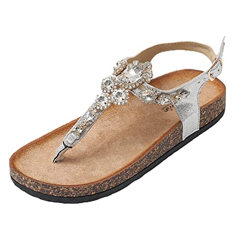 JOMIX Sommer Flip Flops Damen Glitzer Zehentrenner Strasssteine Sandalen Elegant Kristall Pantoletten Bequeme Kork Fußbett (02 Silber Größe Klein 1 Nummer, 36 EU) von JOMIX