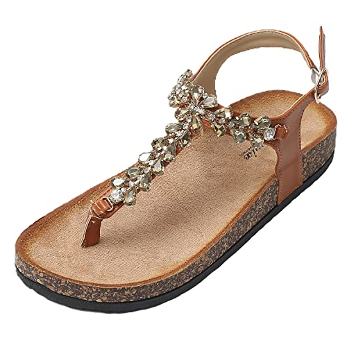 JOMIX Sommer Flip Flops Damen Glitzer Zehentrenner Strasssteine Sandalen Elegant Pantoletten Bequeme Kork Fußbett (01 Braun Größe Klein 1 Nummer, 38 EU) von JOMIX