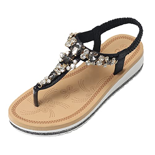 JOMIX Sommer Flip Flops Damen Glitzer Zehentrenner Strasssteine Sandalen Elegant Pantoletten Bequeme Weiche Fußbett (Schwarz Größe Klein 1 Nummer, 38 EU) von JOMIX