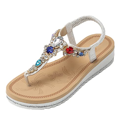 JOMIX Sommer Flip Flops Damen Glitzer Zehentrenner Strasssteine Sandalen Elegant Pantoletten Bequeme Weiche Fußbett (Weiß Größe Klein 1 Nummer, 37 EU) von JOMIX